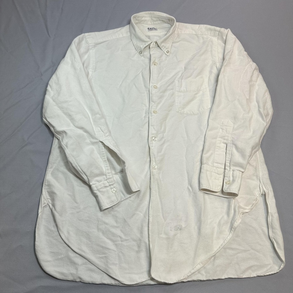 Vintage Excello Shirt Mens Fits 46 White Cotton Textured Cheviot Business 70s